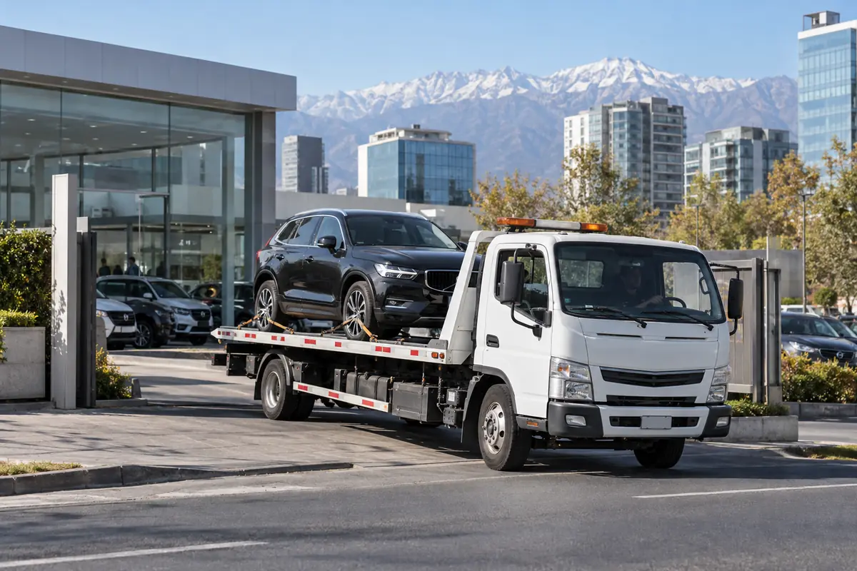 Auto cargado sobre una grúa de plataforma antes de un traslado en Santiago